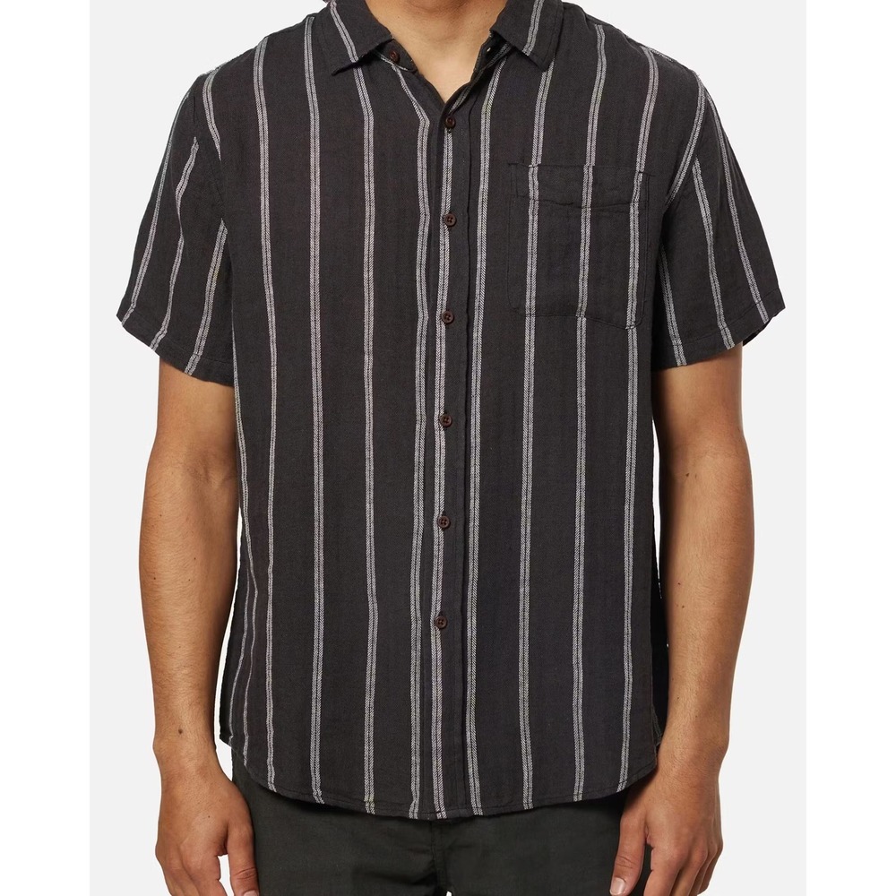 Katin Mens Large black White Striped Cotton Linen Herringbone Short Sleeve Shirt